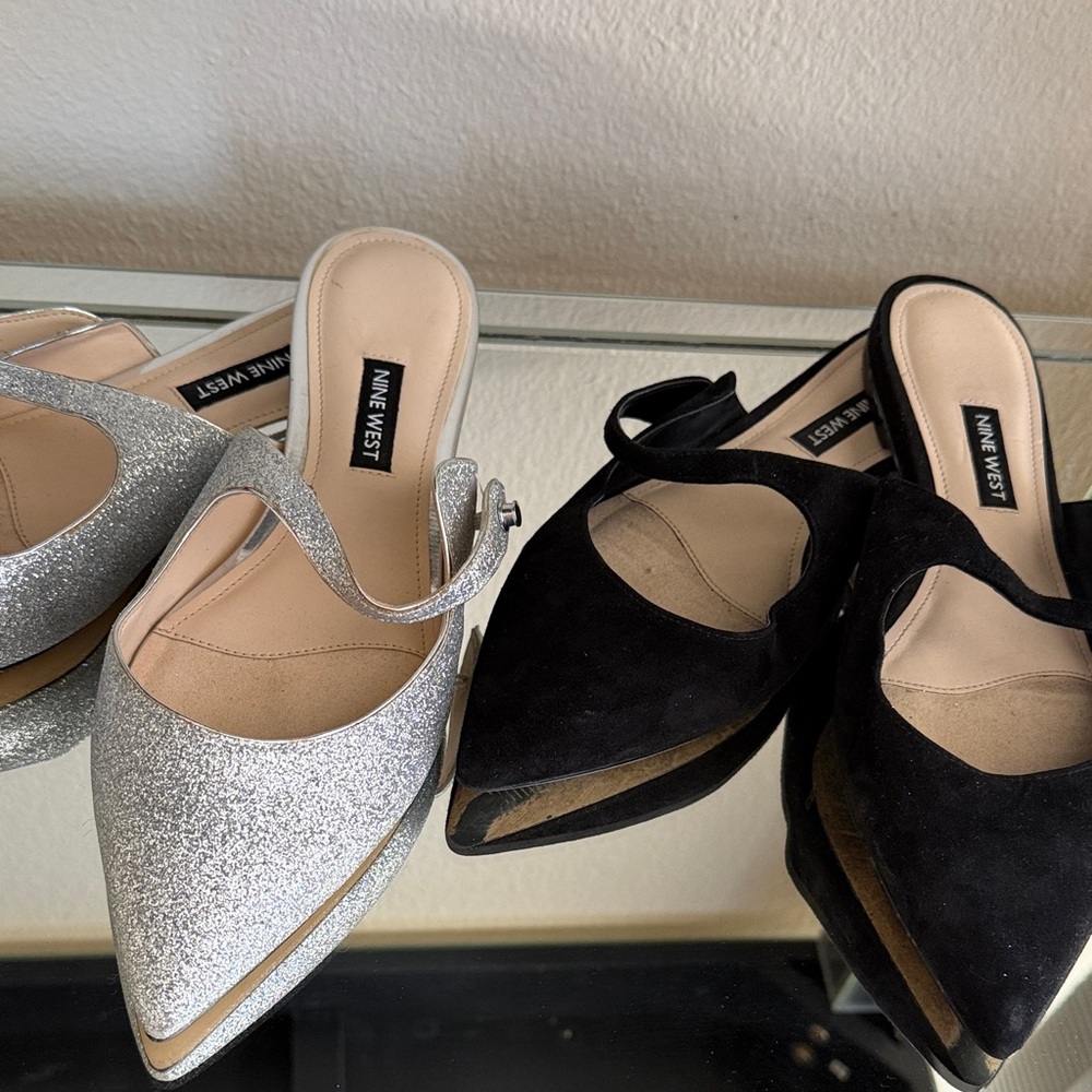 Nine West Glitter Silver and Classic Black Mules 2 pairs